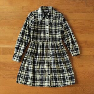 Ganni Plaid Smocked Shirt Dress Women Yellow Black Seersucker Scandi S Spring